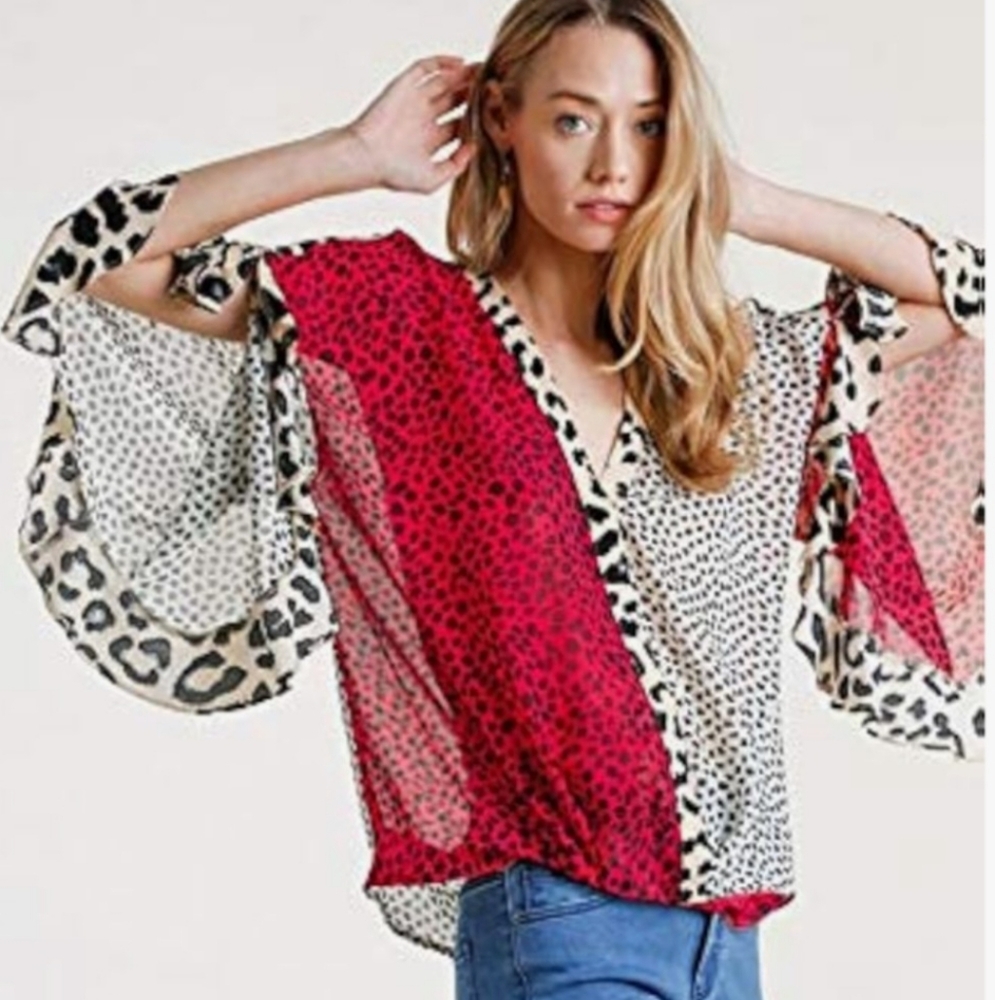 UMGEE Red/White Multicolor Mixed ANIMAL Print SurpliceTop W/ Ruffled Sleeves/1XL